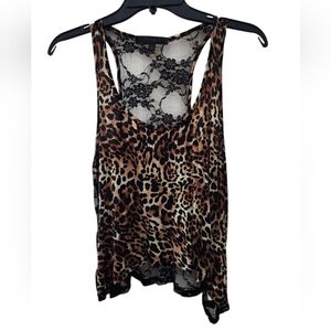 Mandee Leopard Print Floral Lace Back Tank Top Muscle Tee Black Brown S
